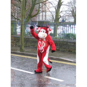 Costume della mascotte della mucca gigante rossa e bianca