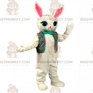 BIGGYMONKEY™ mascottekostuum wit konijn met gebloemd jasje en