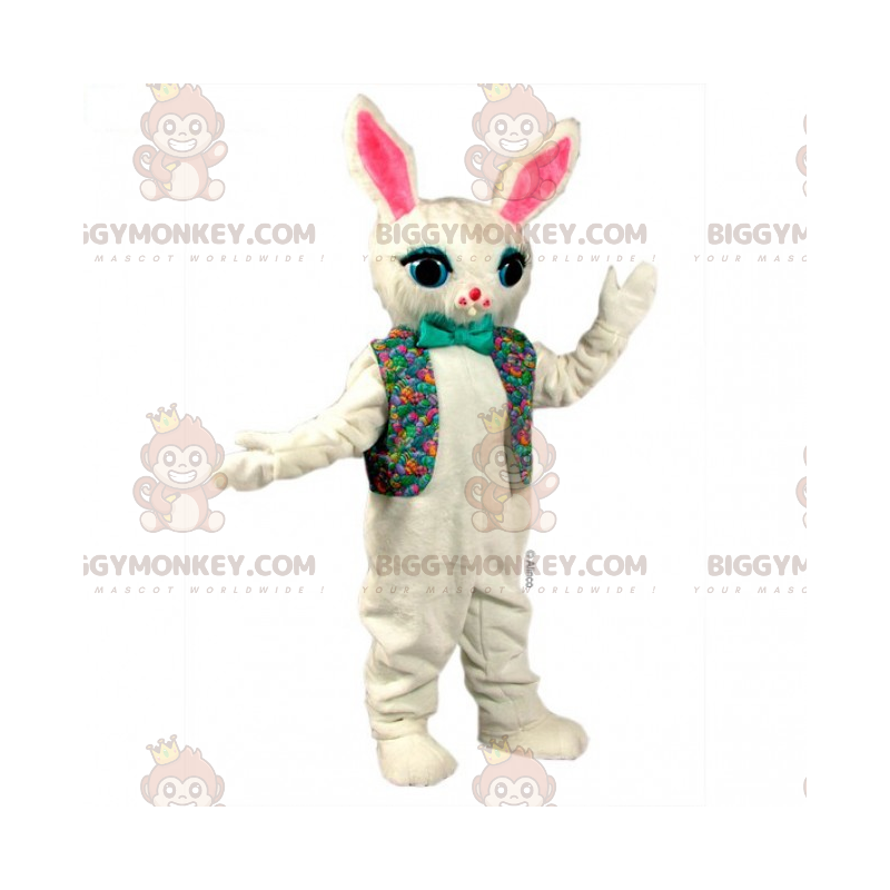 BIGGYMONKEY™ Maskotdräkt Vit kanin med blommig jacka och fluga