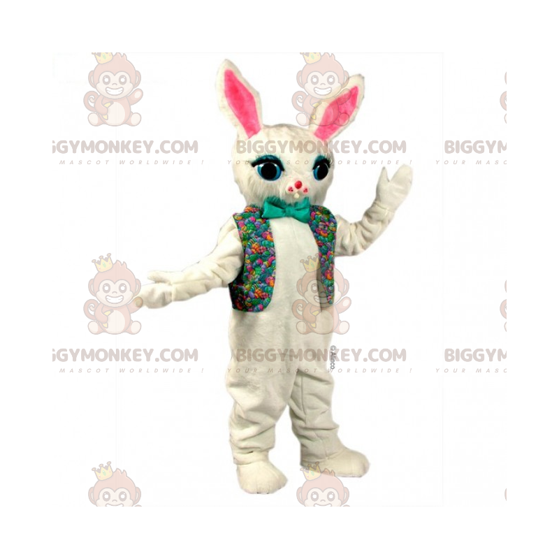 BIGGYMONKEY™ Maskottchen-Kostüm Weißer Hase mit geblümter Jacke