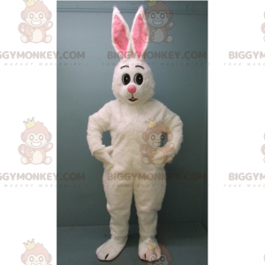 Disfraz de mascota de conejo blanco con grandes orejas rosadas