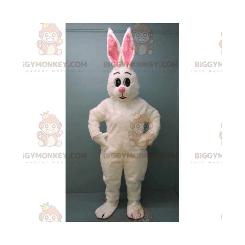 Λευκό κουνέλι με μεγάλα ροζ αυτιά BIGGYMONKEY™ μασκότ στολή -