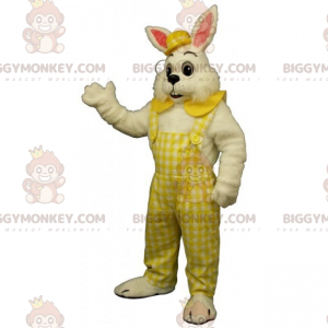 BIGGYMONKEY™ mascottekostuum wit konijn in overall en bolhoed -