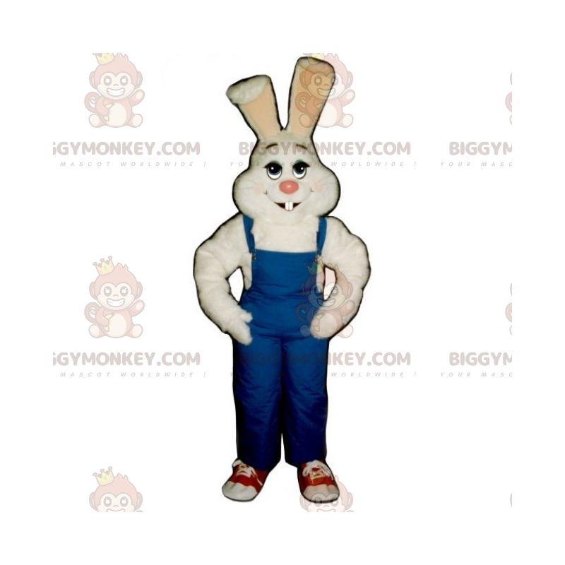 BIGGYMONKEY™ wit konijn en blauwe overall mascottekostuum -