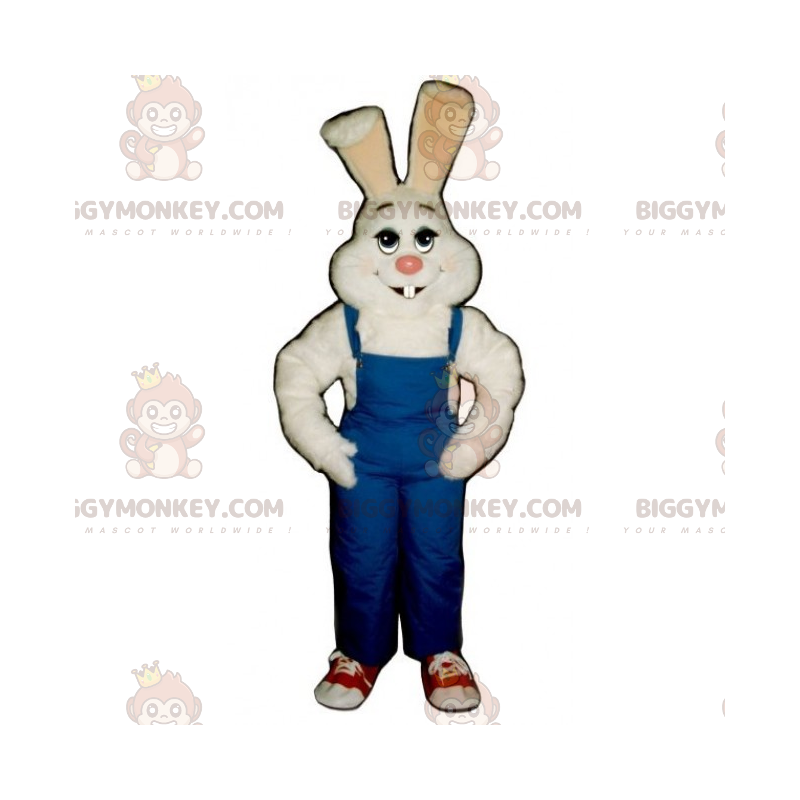 Kostium maskotki z białym królikiem i niebieskim kombinezonem