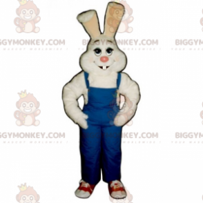 Kostium maskotki z białym królikiem i niebieskim kombinezonem