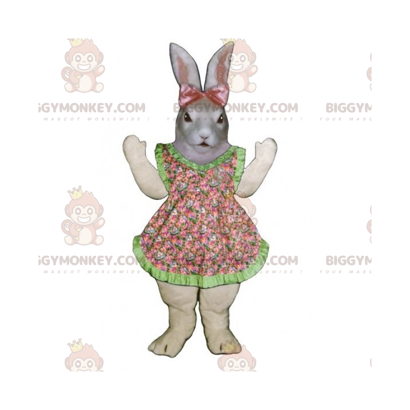 Στολή μασκότ BIGGYMONKEY™ Grey Bunny με φόρεμα και ροζ φιόγκο -
