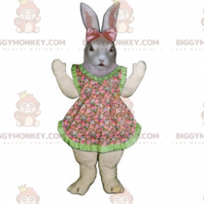 BIGGYMONKEY™ Gray Bunny Mascot Costume With Dress And Pink Bow