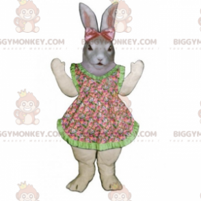 BIGGYMONKEY™ Grå kaninmaskotdräkt med klänning och rosa rosett