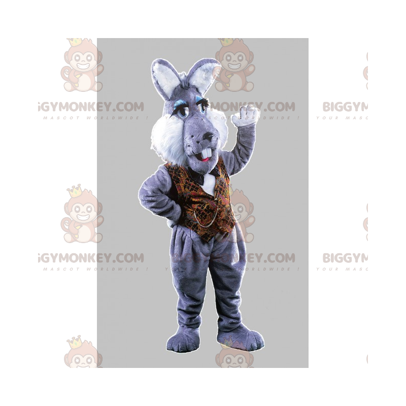 BIGGYMONKEY™ Gray Rabbit Mascot Costume with Brown Jacket -