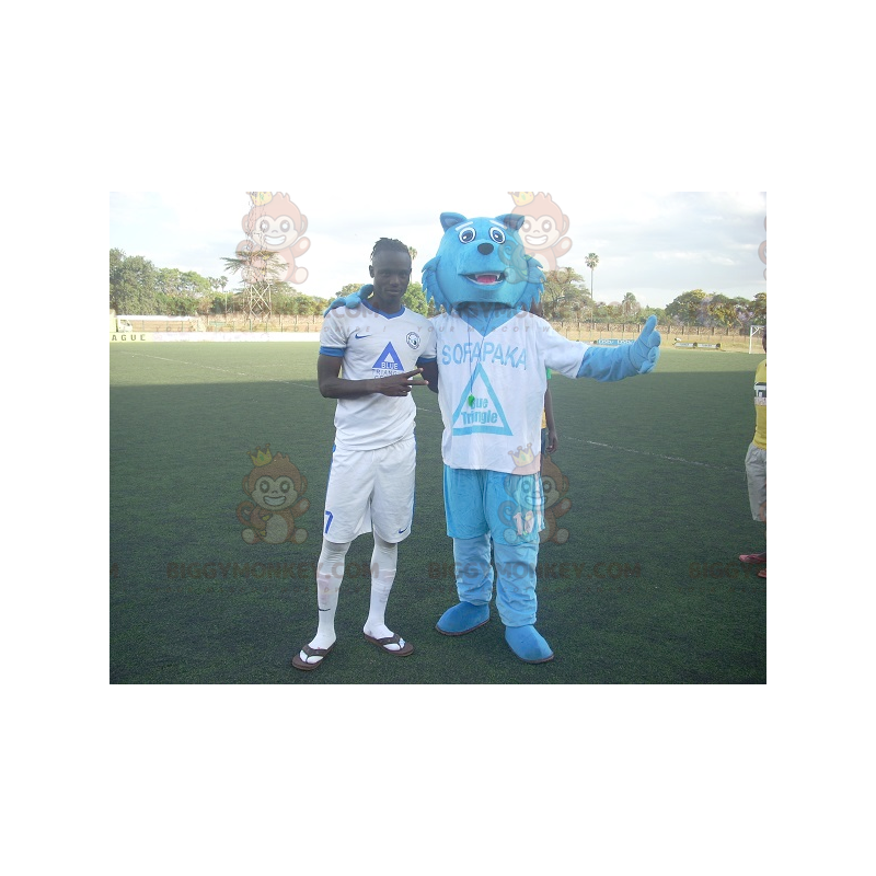 Costume de mascotte BIGGYMONKEY™ de loup bleu en tenue de sport