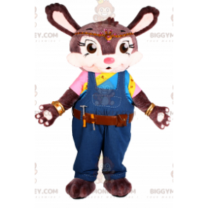 BIGGYMONKEY™ Mascot Costume Brown Bunny in Overalls and Tool