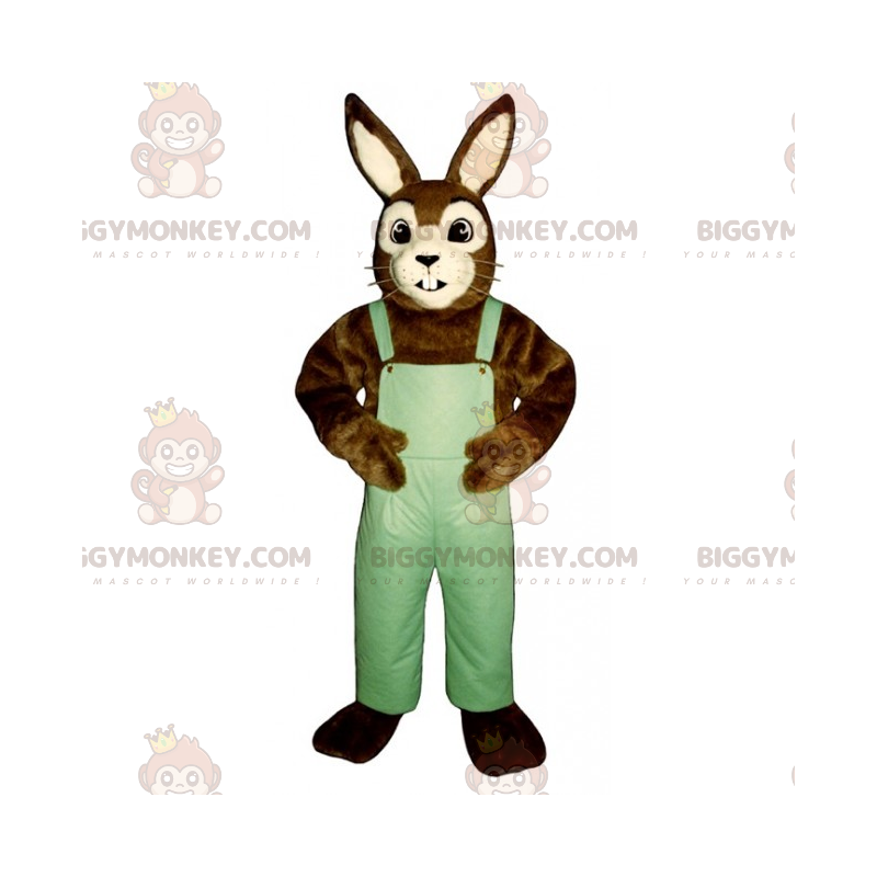 Brown and White Bunny BIGGYMONKEY™ Mascot Costume with Overalls