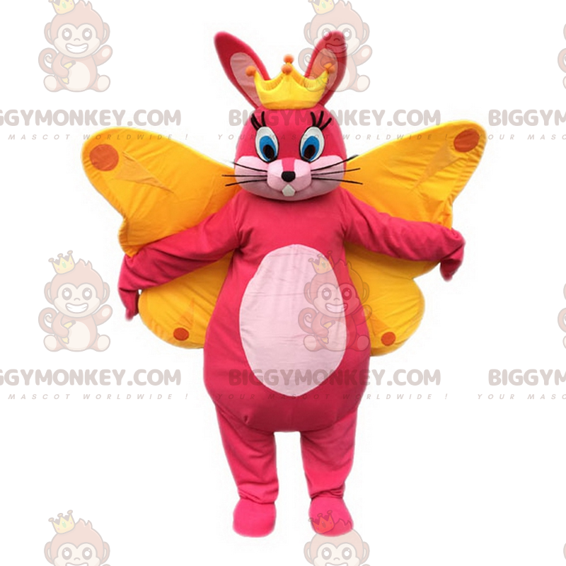 BIGGYMONKEY™ Mascot Costume Pink Bunny with Crown and Butterfly