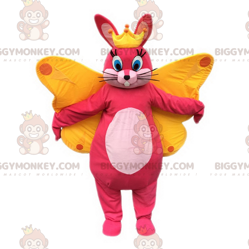 Traje de mascote BIGGYMONKEY™ Coelhinho rosa com coroa e asas