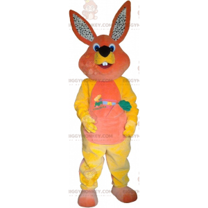 Costume mascotte coniglio arancione e giallo con carota