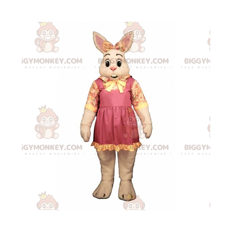 BIGGYMONKEY™ Mascottekostuum Wit konijn met strik en bloemroos