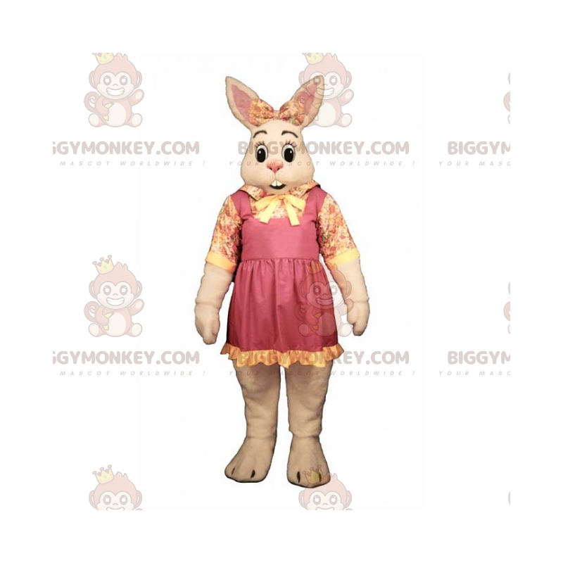 Fantasia de mascote BIGGYMONKEY™ Coelho branco com laço e rosa