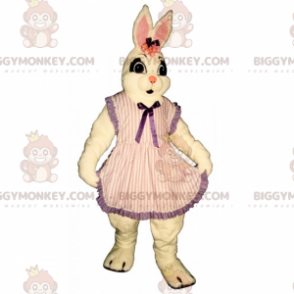 BIGGYMONKEY™ mascottekostuum wit konijn in gestreepte jurk -