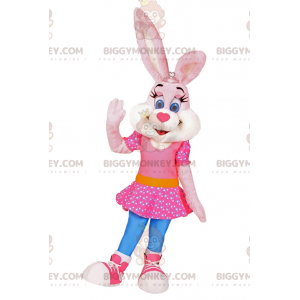 BIGGYMONKEY™ Mascottekostuum Bunny in roze jurk met sterren -