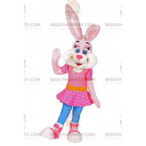 BIGGYMONKEY™ Mascottekostuum Bunny in roze jurk met sterren -