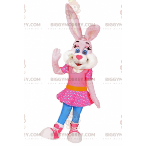 BIGGYMONKEY™ Maskotdräkt Kanin i rosa klänning med stjärnor -
