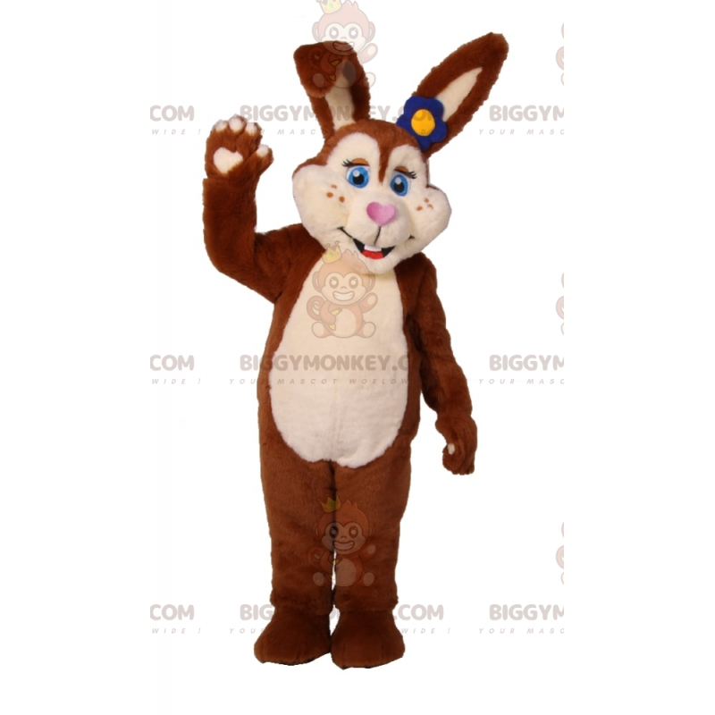 Στολή μασκότ BIGGYMONKEY™ Brown Bunny Blue Eyes Blue Flower -