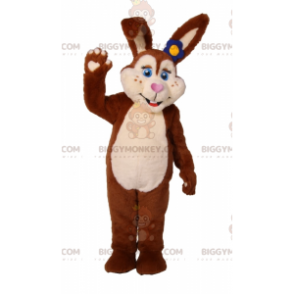 BIGGYMONKEY™ Brown Bunny Blue Eyes Blue Flower Mascot Costume -