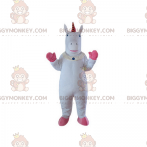 Traje de mascote de unicórnio branco com pernas rosa