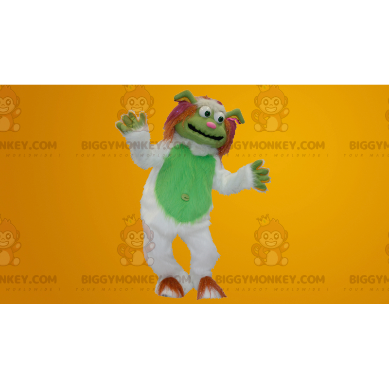 Celý chlupatý bílý a zelený kostým maskota Yeti BIGGYMONKEY™ –
