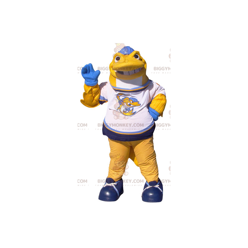 Costume de mascotte BIGGYMONKEY™ de poisson jaune blanc et bleu