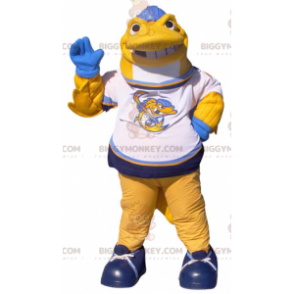 Costume de mascotte BIGGYMONKEY™ de poisson jaune blanc et bleu