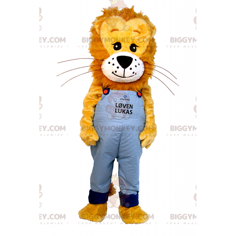 Lion BIGGYMONKEY™ maskotdräkt med hårig man och blå overall -