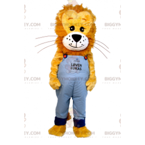 Lion BIGGYMONKEY™ maskotdräkt med hårig man och blå overall -