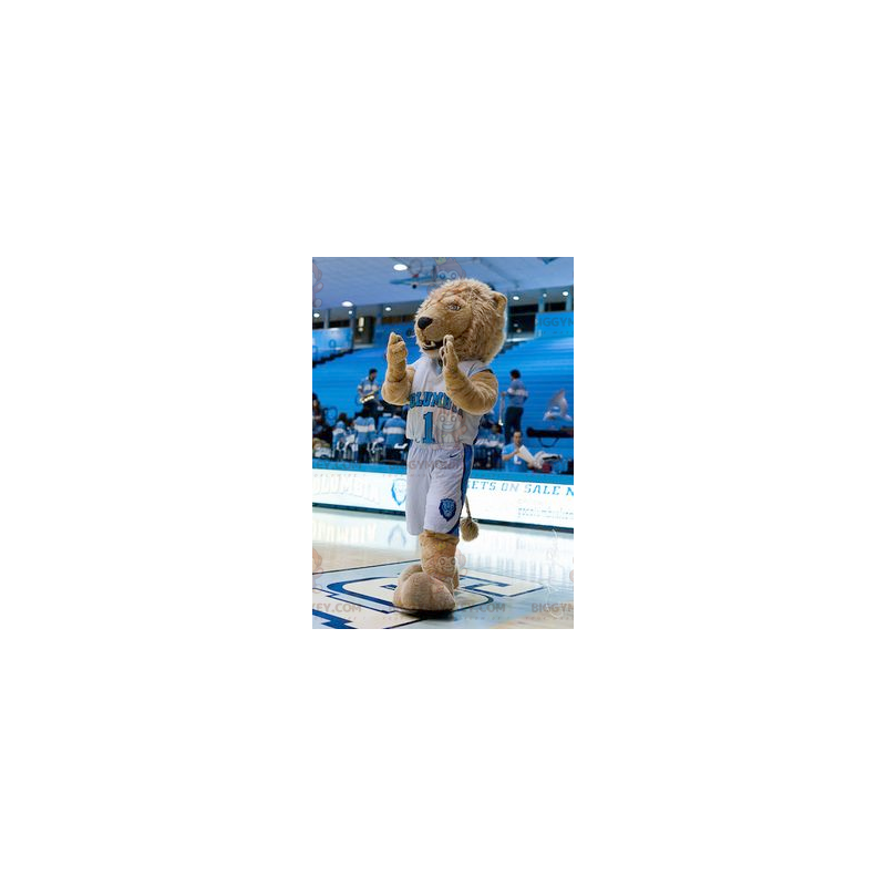 BIGGYMONKEY™ Mascot Costume of Beige Lion in Blue and White