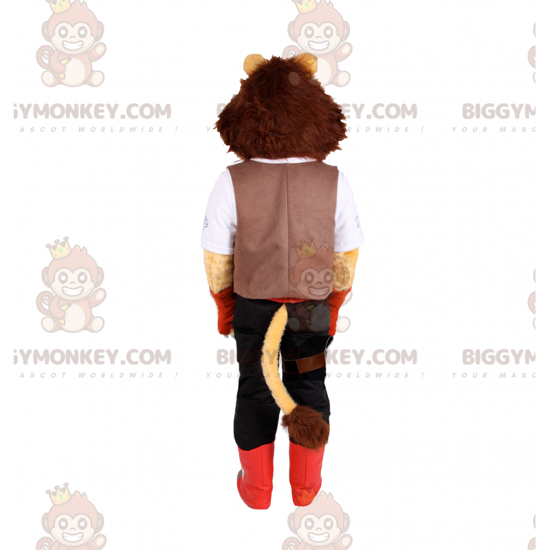 Traje de mascote de leão BIGGYMONKEY™ com roupa de aventureiro