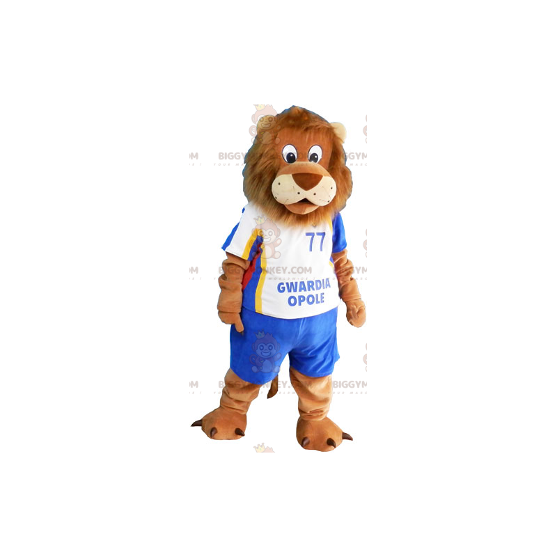 Costume de mascotte BIGGYMONKEY™ de lion avec tenue de soccer