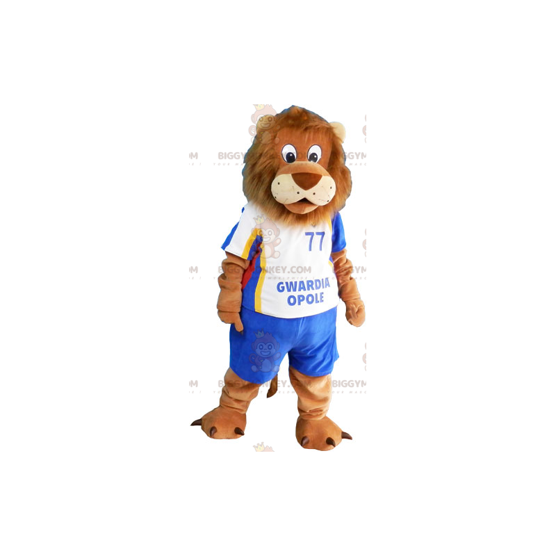 Traje de mascote de leão BIGGYMONKEY™ com roupa de futebol azul