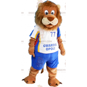 Leeuw BIGGYMONKEY™ mascottekostuum met blauwe voetbaloutfit -