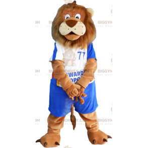 Lion BIGGYMONKEY™ Maskotdräkt med blå fotbollsoutfit -