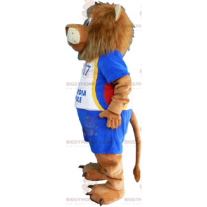 Lion BIGGYMONKEY™ Mascot Costume with Blue Soccer Outfit –