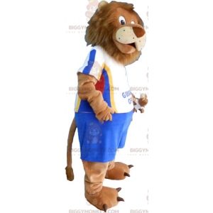 Traje de mascote de leão BIGGYMONKEY™ com roupa de futebol azul