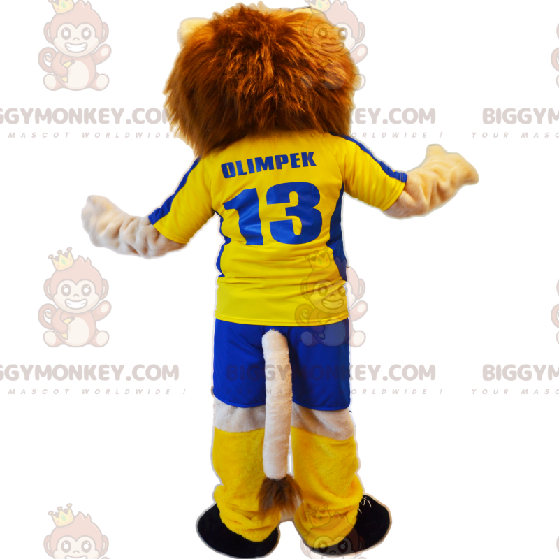 Leeuw BIGGYMONKEY™ mascottekostuum met gele voetbaloutfit -