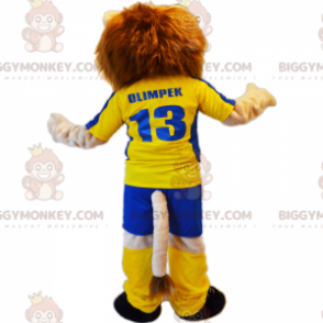 Lion BIGGYMONKEY™ Mascot Costume with Yellow Soccer Outfit –