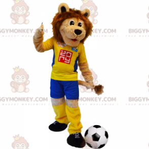 Leeuw BIGGYMONKEY™ mascottekostuum met gele voetbaloutfit -