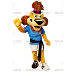 Traje de mascote Lion BIGGYMONKEY™ com roupas esportivas e