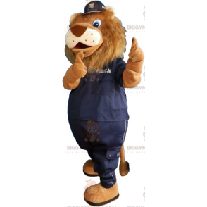 Leeuw BIGGYMONKEY™ mascottekostuum met zwart politie-uniform -