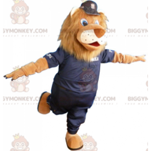 Leeuw BIGGYMONKEY™ mascottekostuum met zwart politie-uniform -