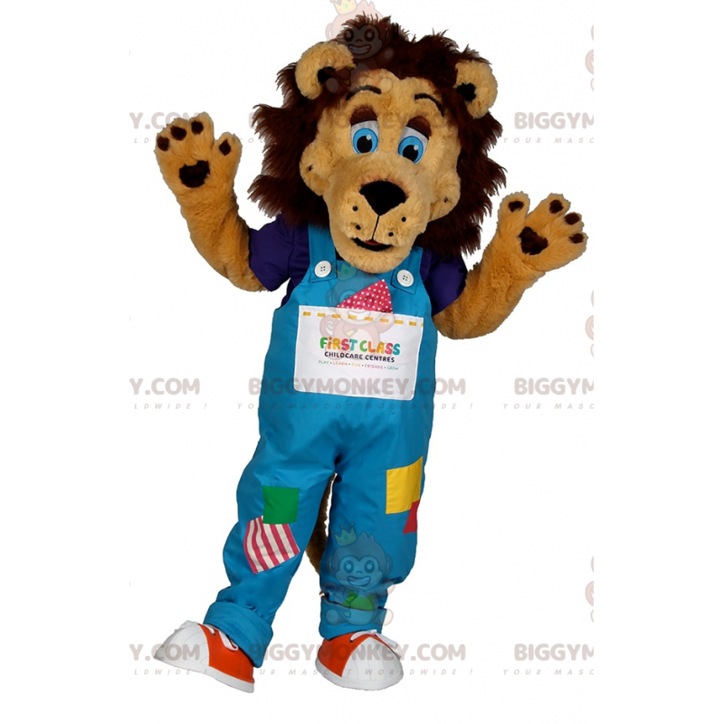 Leeuw BIGGYMONKEY™ mascottekostuum met blauwe ogen en overall -