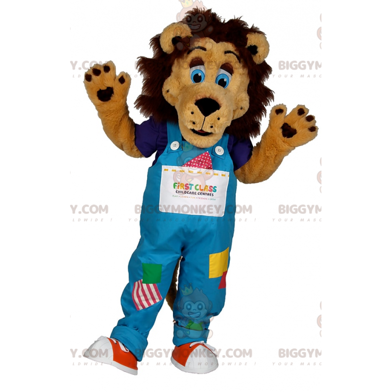Lion BIGGYMONKEY™ maskotdräkt med blå ögon och overall -